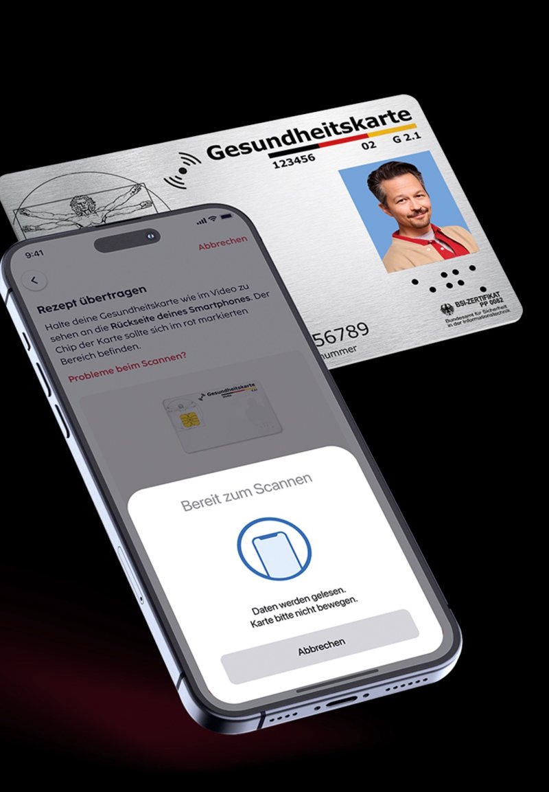 Smartphone scannt eine elektronische Gesundheitskarte zur Übertragung eines E-Rezepts