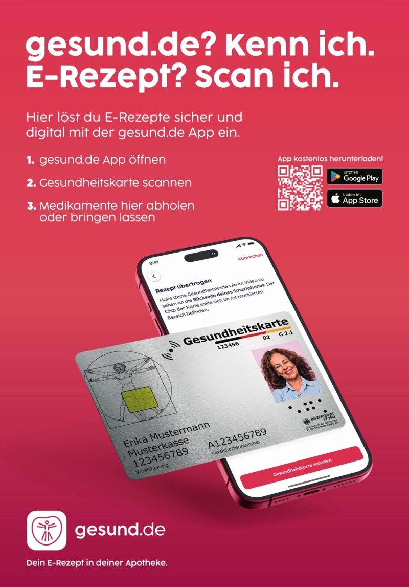 Informationsgrafik zur gesund.de App mit Smartphone und Gesundheitskarte, die zeigt, wie E-Rezepte digital eingelöst und Medikamente in der Brinker Apotheke in Langenhagen abgeholt oder geliefert werden können